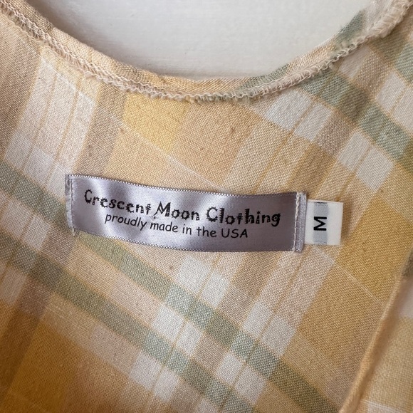 Linen Blend Sundress Yellow Plaid Asymmetrical Frayed Hem Boho Academia Maxi - Picture 4 of 17